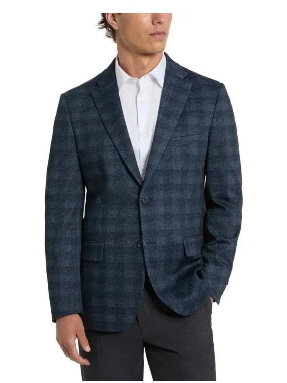 New Kenneth Cole Men's M Slim Fit Stretch Plaid Blazer Jacket Navy Blue Size XL